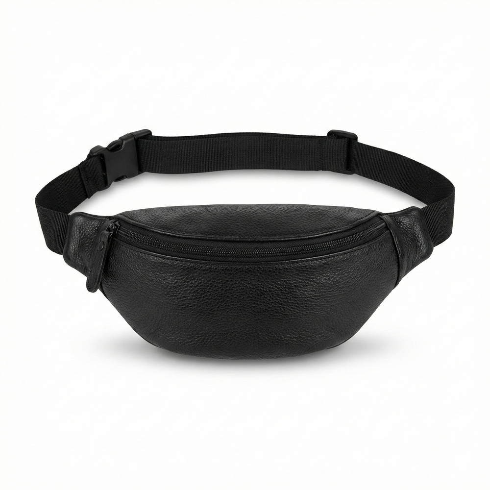Sleek Black Leather Belt Bag Unisex